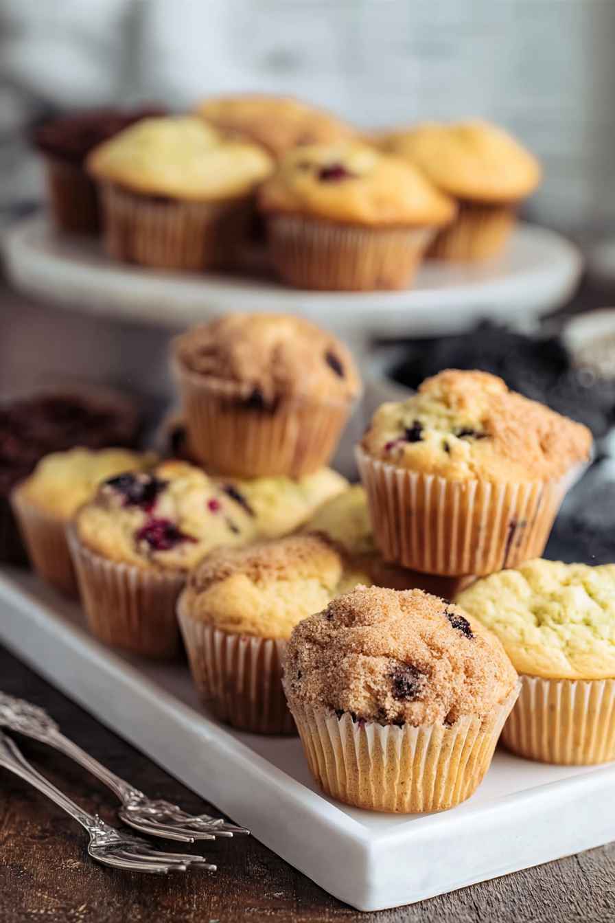 Golden-brown muffins with blueberries and chocolate chips, arranged on a white plate.