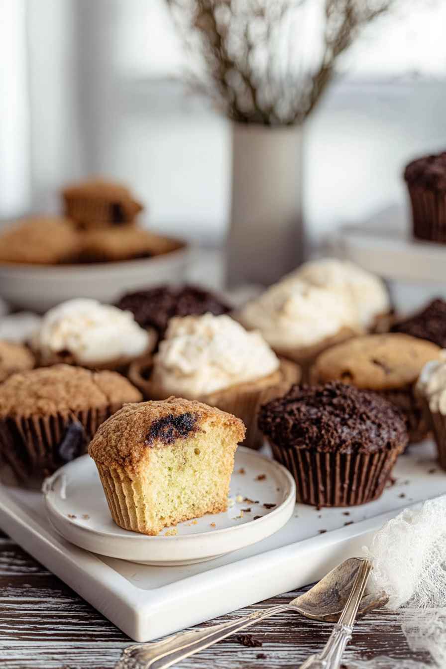 A sliced blueberry muffin showcasing its tender interior, surrounded by other flavored muffins.