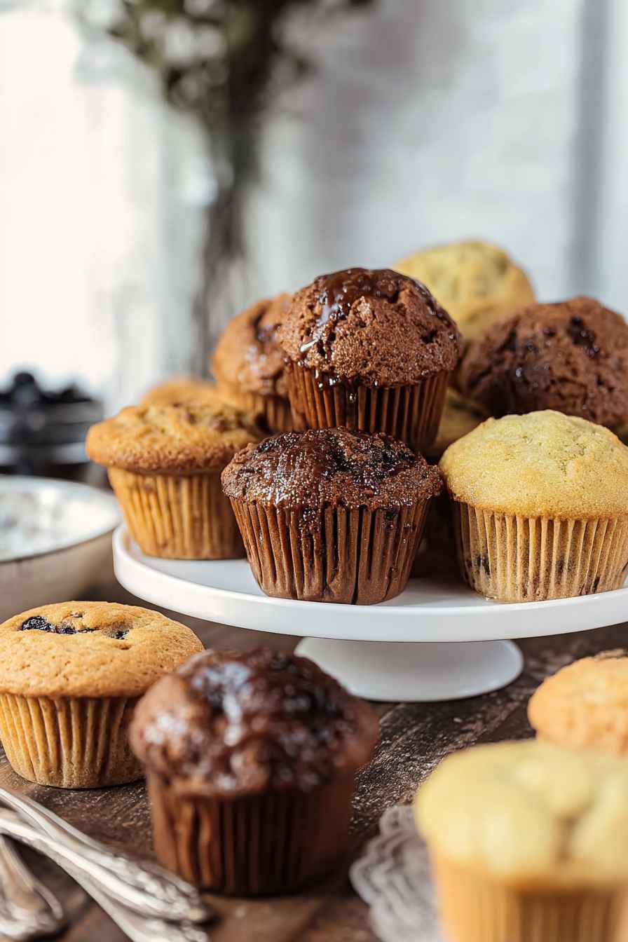 Stacked chocolate muffins with some drizzled in glaze, set on a white cake stand.