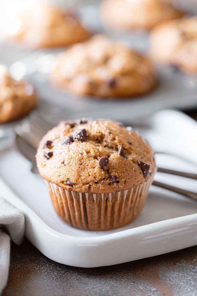 Freshly baked peanut butter muffin on a cooling rack, surrounded by chocolate chips.