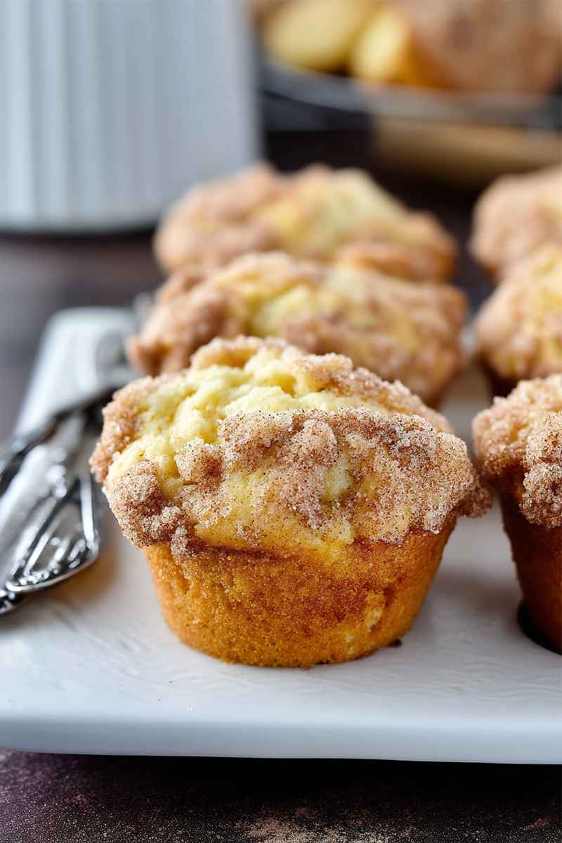 Golden muffins with a generous cinnamon streusel topping, neatly arranged on a white plate.