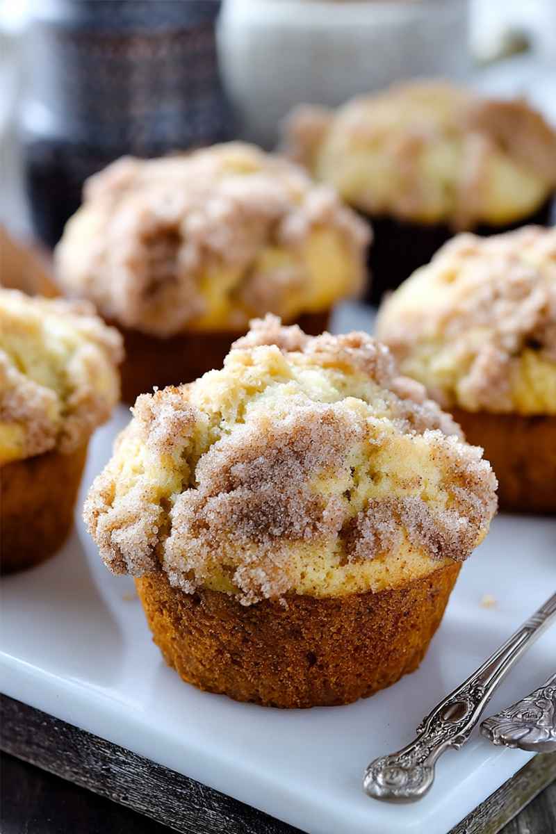Golden muffins topped with a crunchy cinnamon streusel, served on a white plate with a vintage spoon.