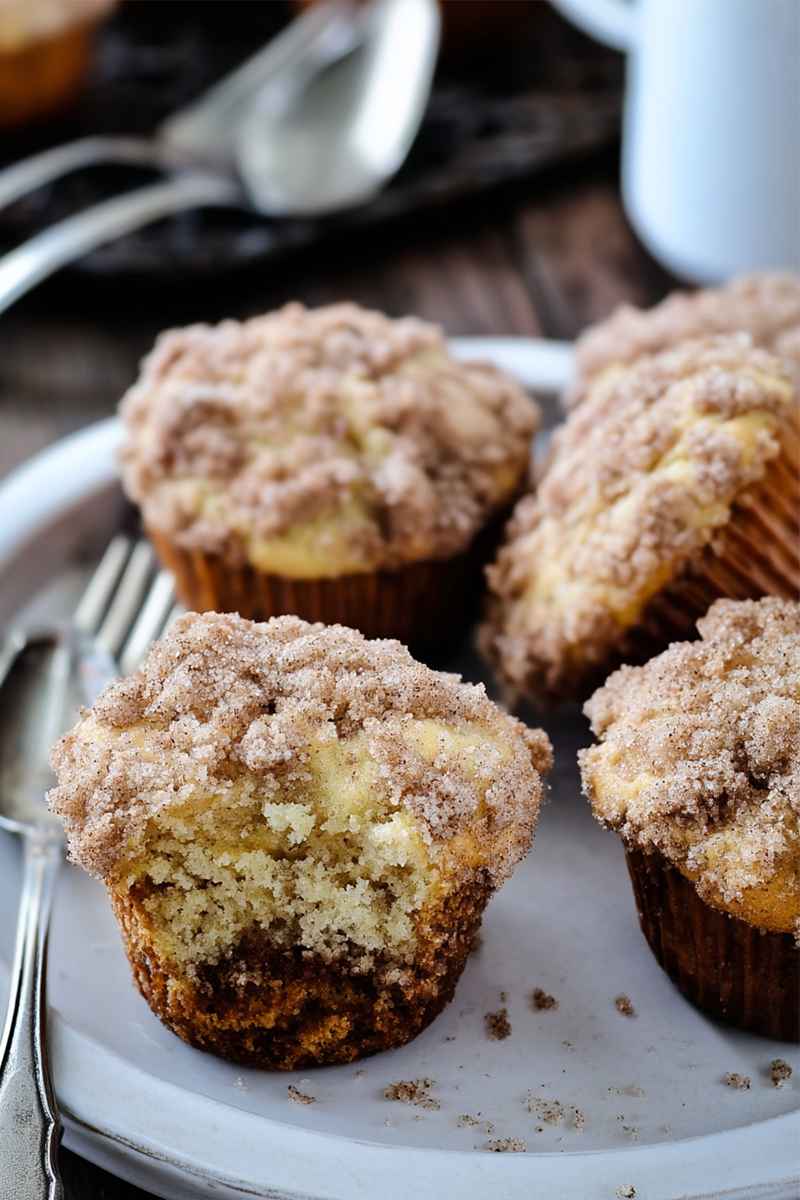 Close-up of a sliced sour cream coffee cake muffin, showcasing its moist interior and crunchy streusel topping.