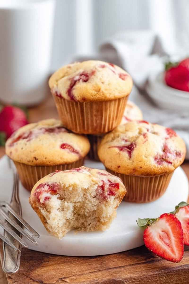 A stack of golden-brown strawberry cream muffins on a white plate, with one cut in half to show the fresh strawberry filling.