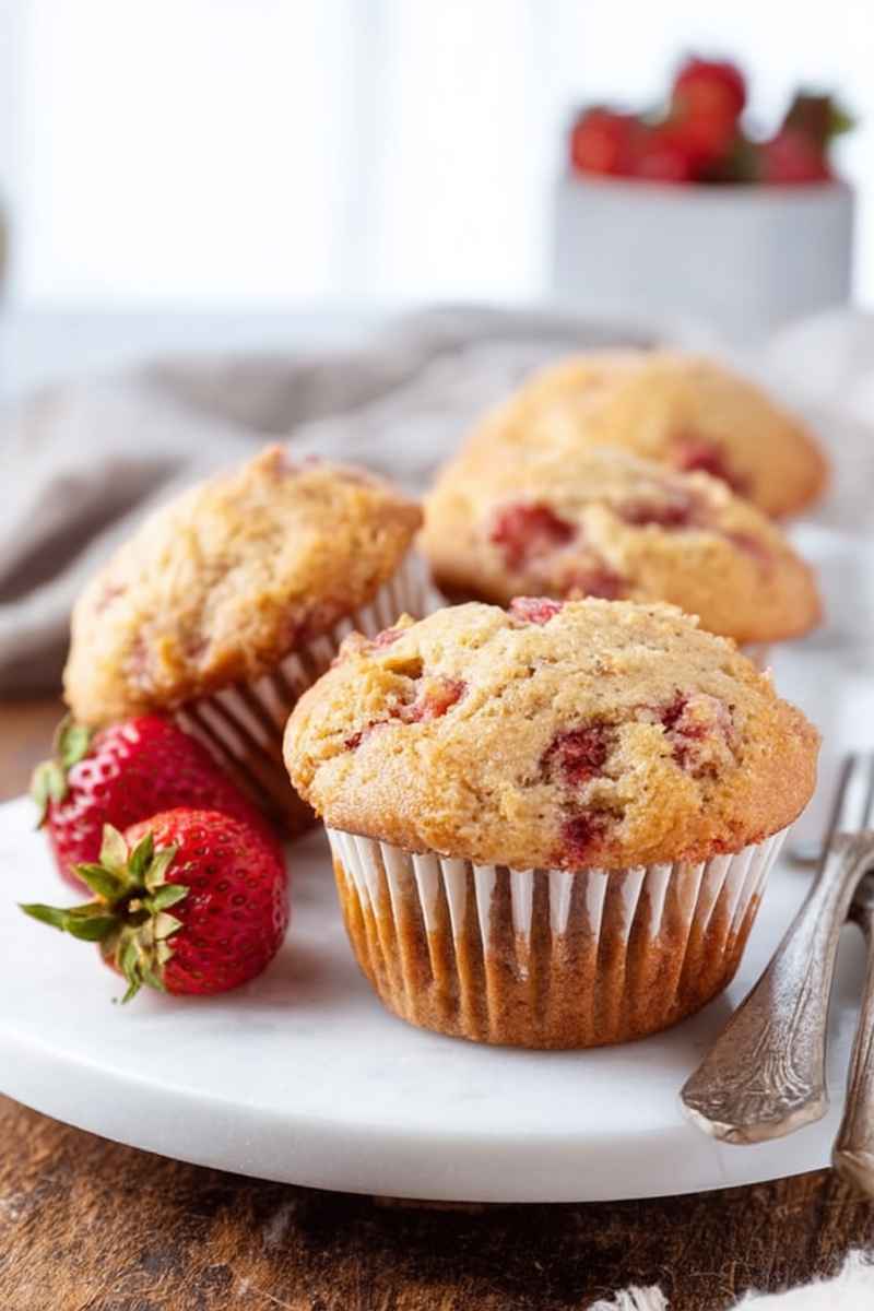 Golden-brown strawberry cream muffins on a white plate, with a whole strawberry and vintage forks nearby.