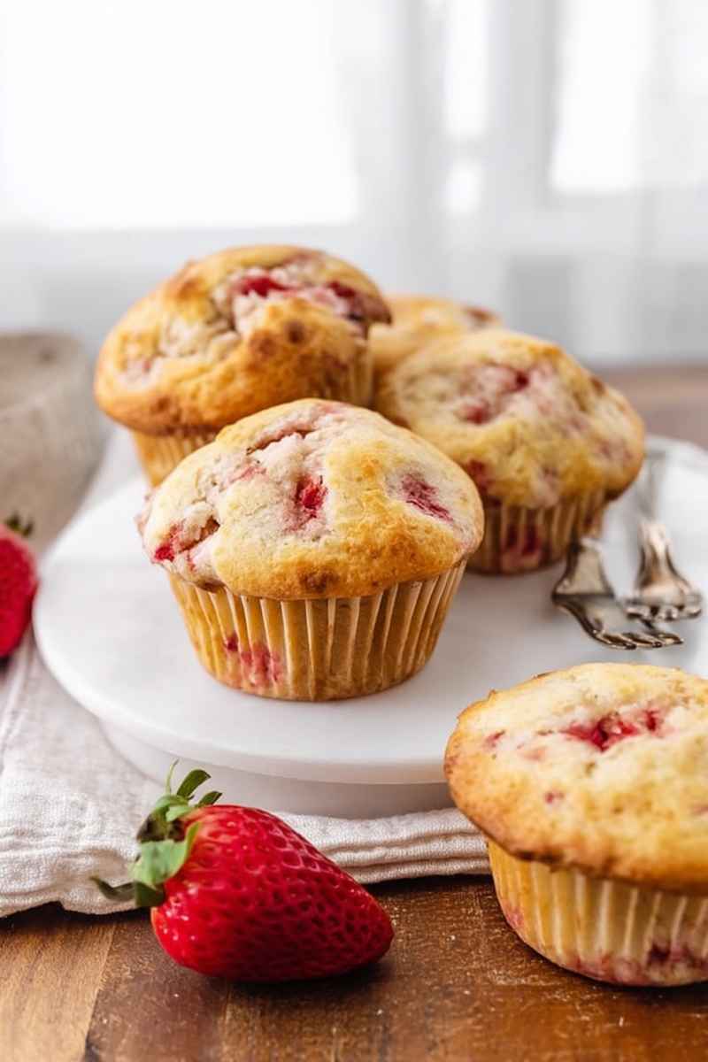 Golden-brown strawberry cream muffins on a white plate, surrounded by whole strawberries and vintage forks.