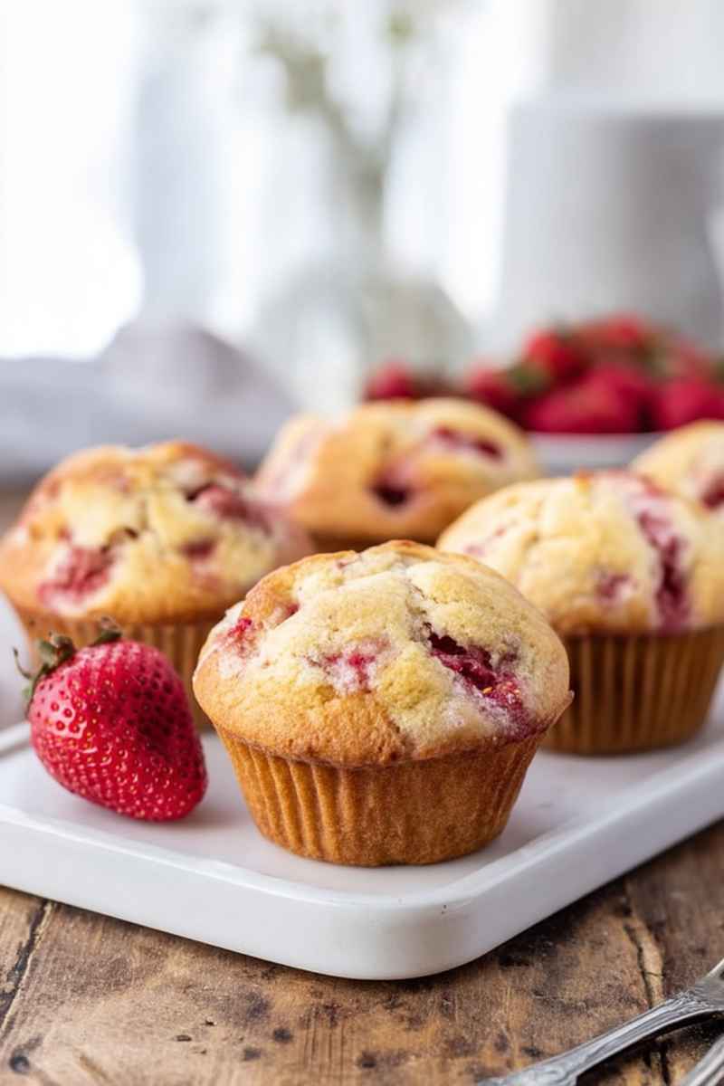 Close-up of golden-brown strawberry cream muffins on a white plate, with a whole strawberry beside them.