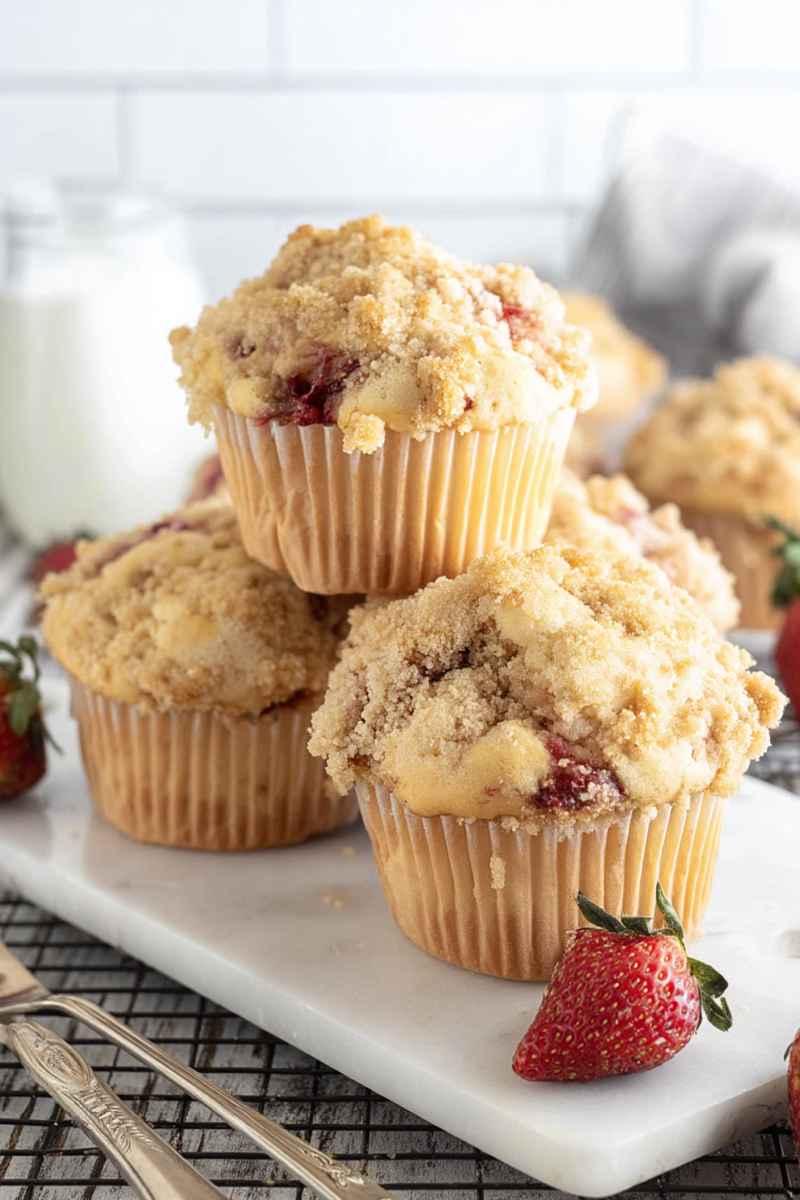 A stack of golden-brown Strawberry Streusel Muffins with a crumbly streusel topping, surrounded by fresh strawberries.