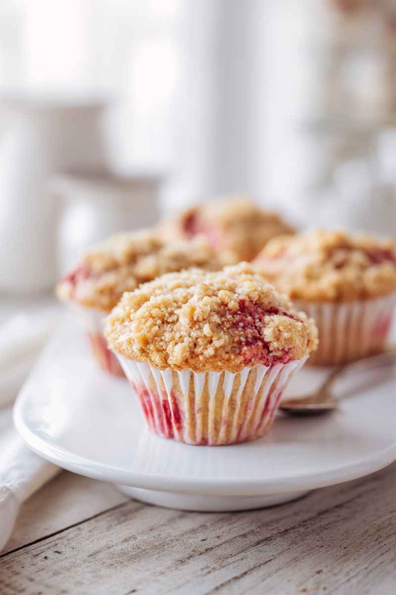 A row of Strawberry Streusel Muffins with a crumbly streusel topping, served on a white plate.