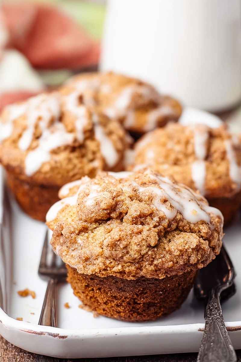 Delicious Apple Butter Muffins with a golden streusel topping and a drizzle of white glaze, arranged on a white plate.