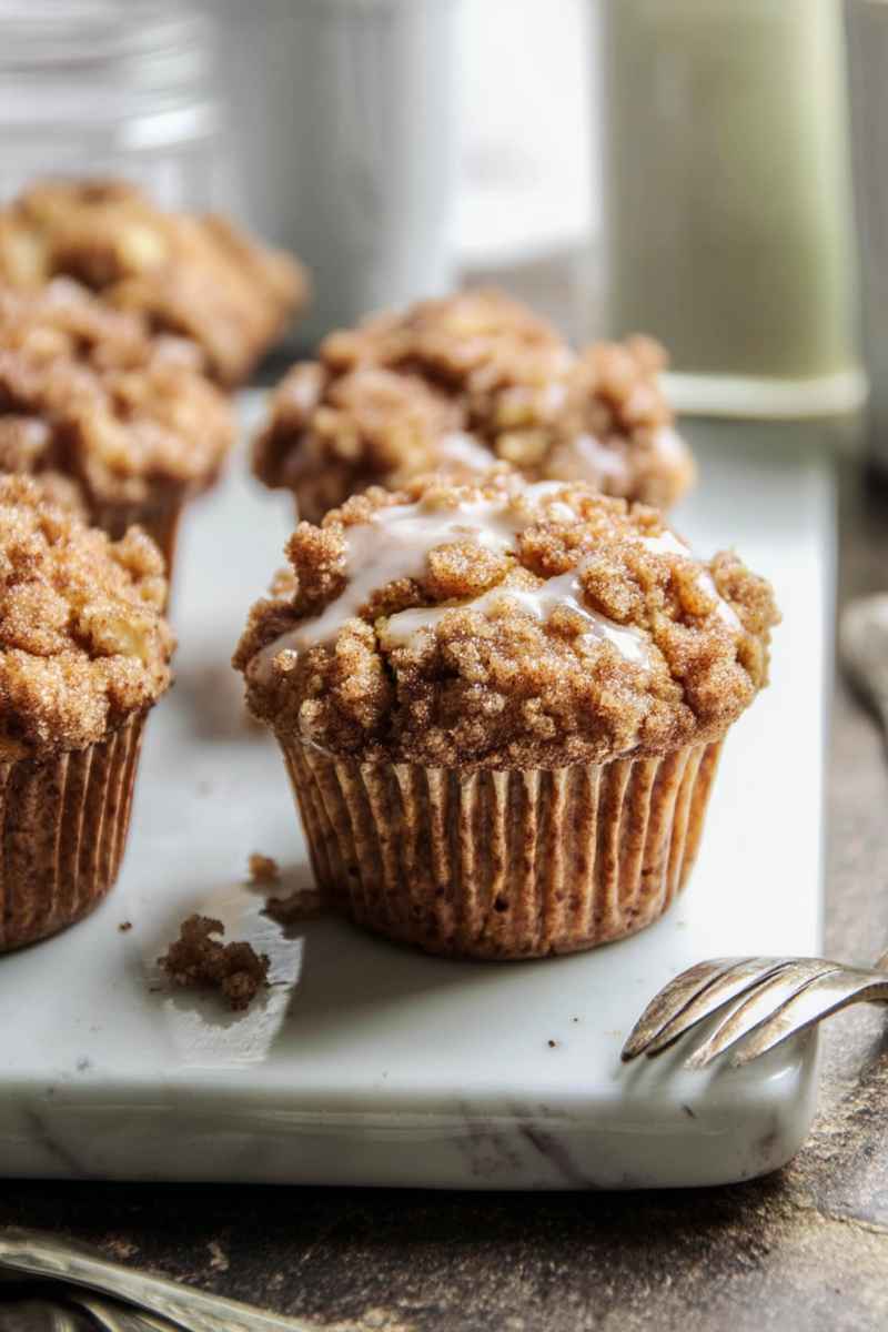 Golden-brown apple crumble muffins topped with a crunchy streusel and drizzled with creamy glaze, arranged on a white marble tray.
