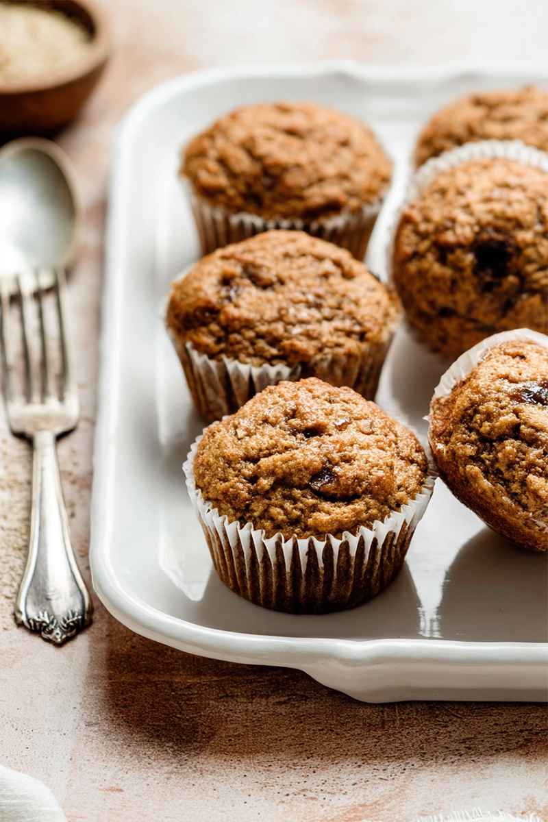 A close-up of golden applesauce muffins in white paper liners, arranged on a white rectangular plate, with a fork nearby.