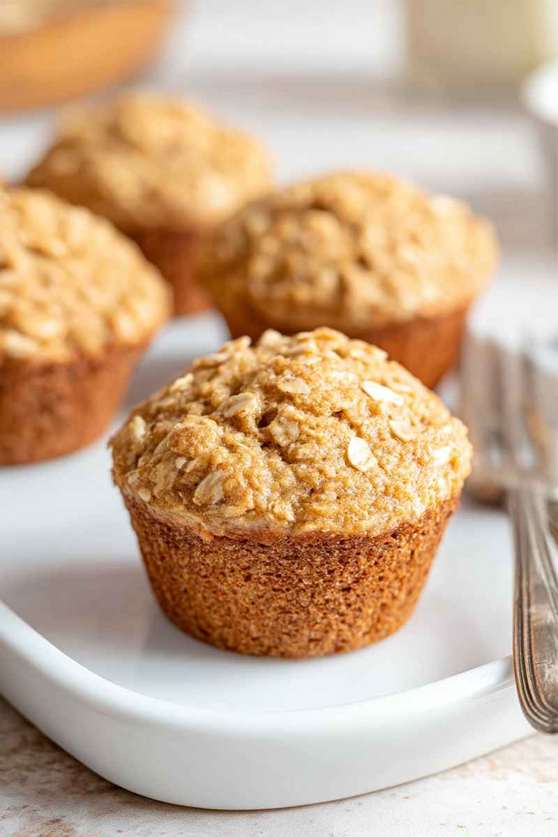 Golden-brown applesauce oatmeal muffins topped with rolled oats, served on a white plate.