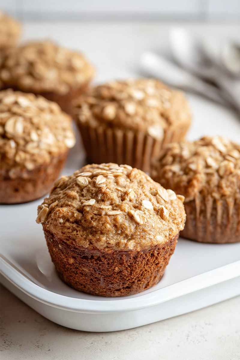 Golden applesauce oatmeal muffins with visible oats on top, arranged neatly on a white serving tray.