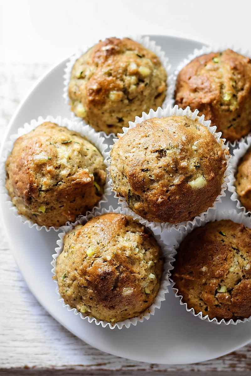 Six golden-brown banana zucchini muffins in white paper liners on a white plate, showcasing their moist texture and inviting appearance.