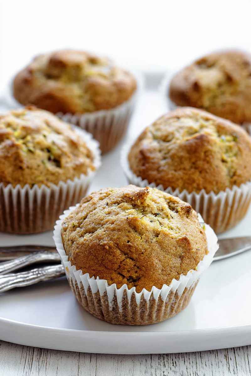 Golden-brown banana zucchini muffins in white paper liners, arranged on a white plate, showcasing their moist texture and inviting appearance.