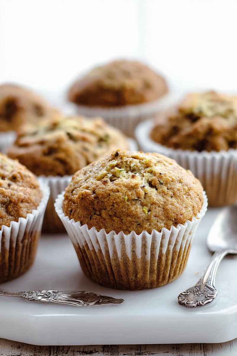 A close-up of a golden-brown banana zucchini muffin in a white liner, surrounded by others on a white plate, with antique spoons adding charm.