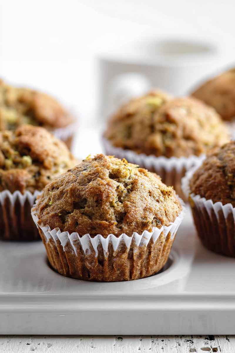 A cluster of freshly baked banana zucchini muffins in white liners, arranged neatly on a white plate, highlighting their rustic charm.