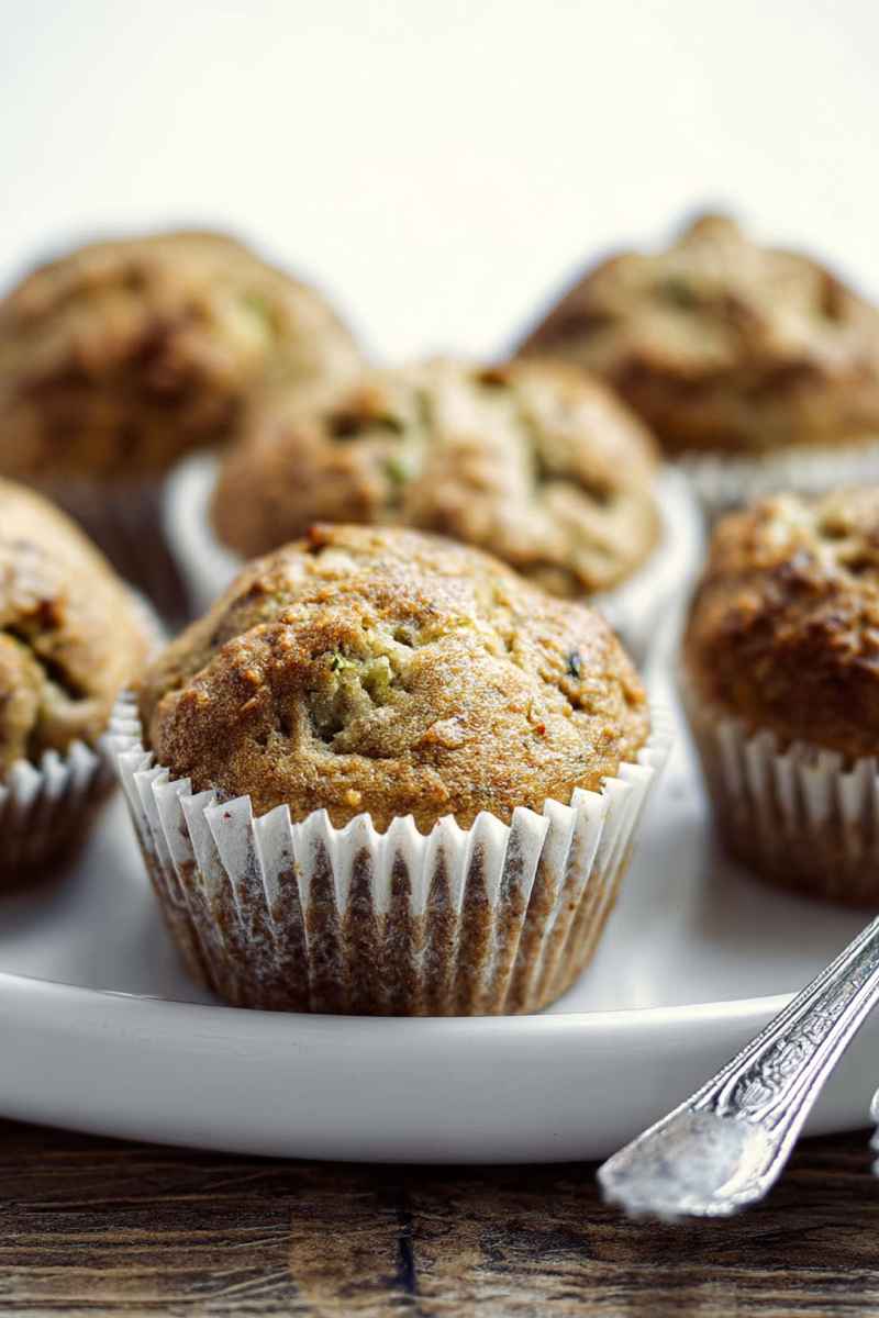 A close-up view of a golden-brown banana zucchini muffin in a white liner, placed on a white plate with antique spoons nearby, emphasizing its homemade appeal.