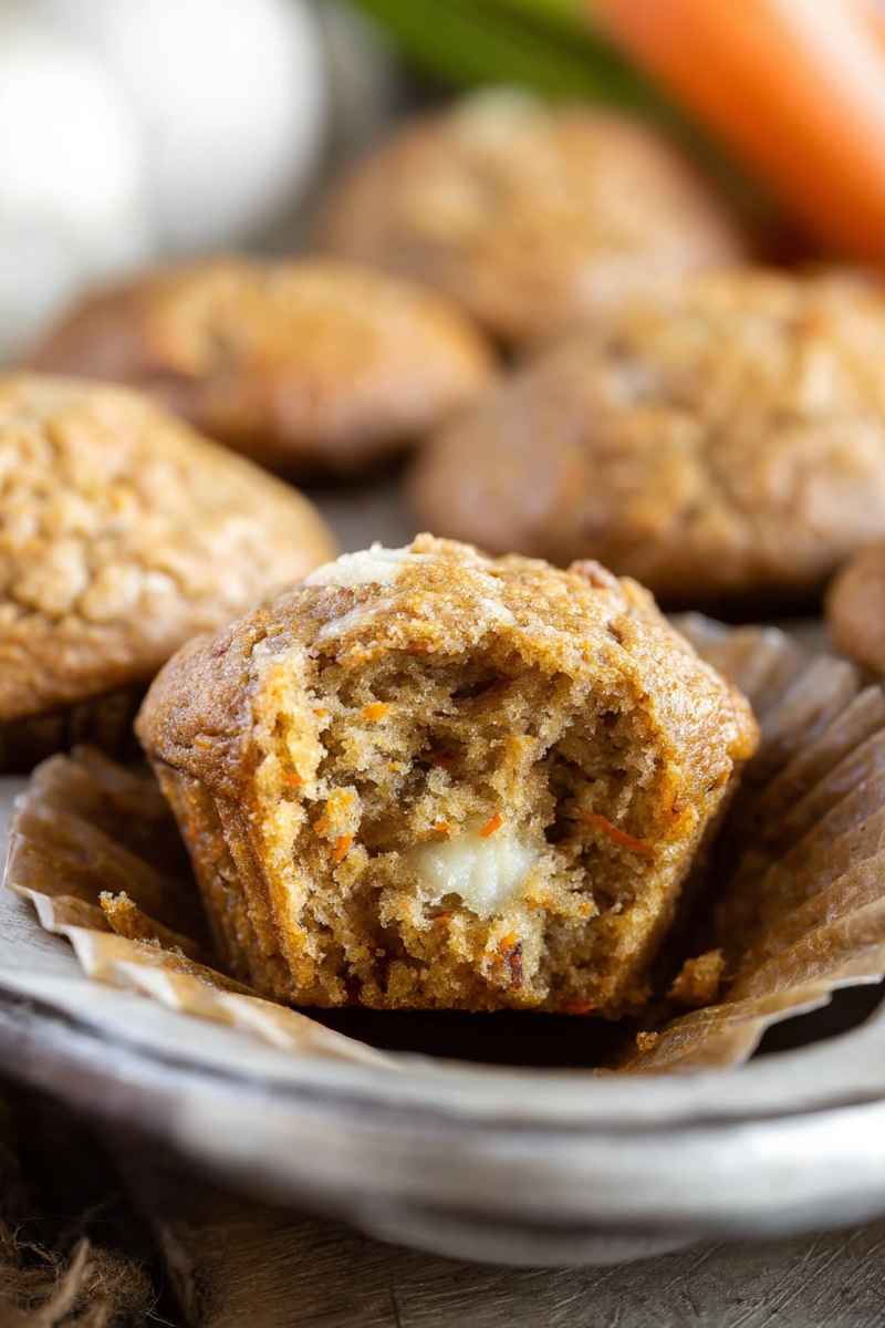 A partially eaten carrot cake muffin with a visible cream cheese filling sits on a silver plate among other whole muffins.