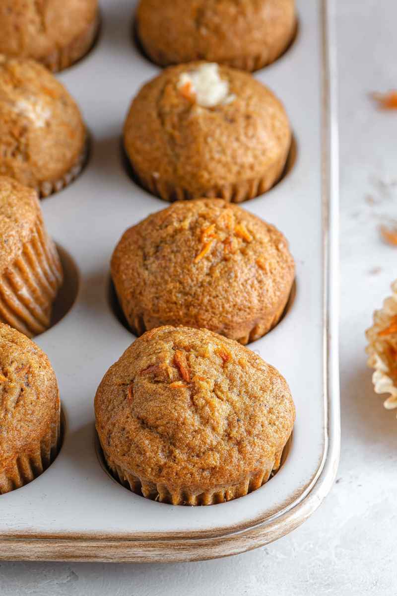 Freshly baked carrot cake muffins are arranged in a gray muffin tin, showcasing their textured tops.