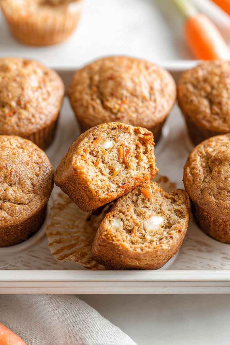 Two halves of a carrot cake muffin reveal a creamy white cream cheese filling; other muffins sit on a white serving tray.