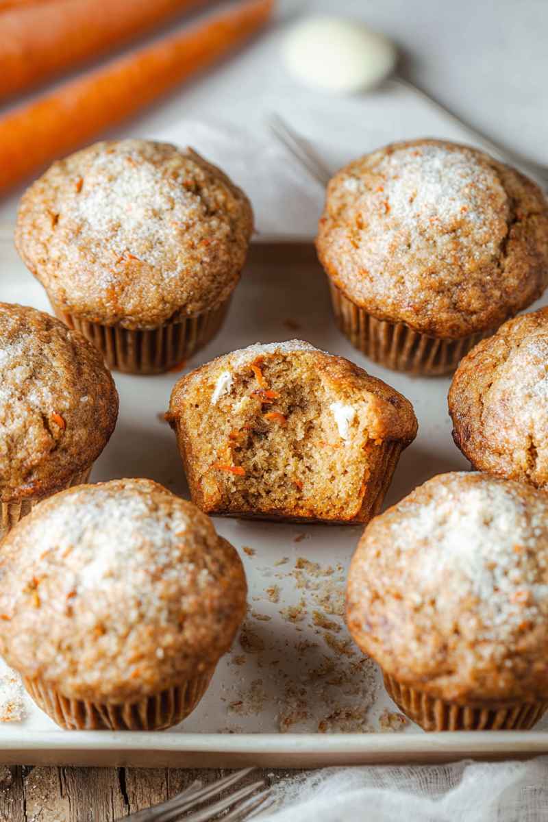 A partially eaten carrot cake muffin dusted with sugar reveals a creamy center, surrounded by other sugared muffins.