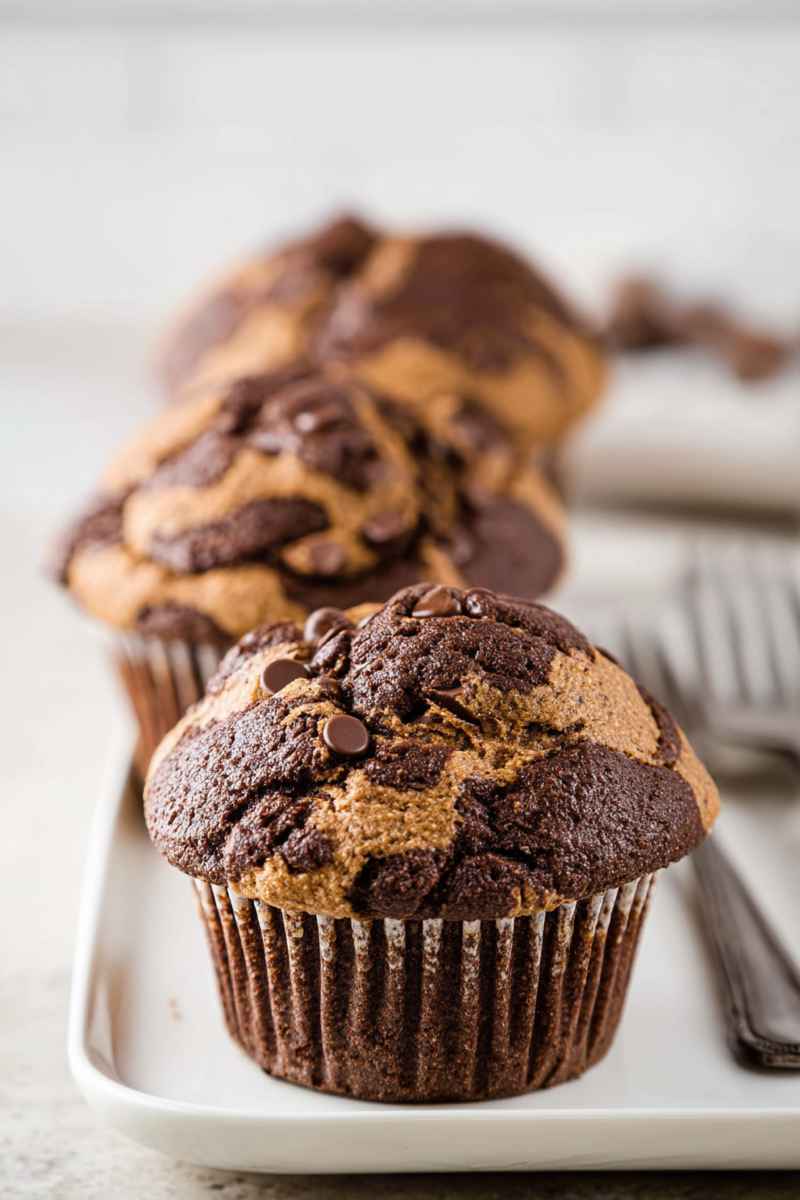 Moist chocolate muffins with peanut butter swirls on a white plate.