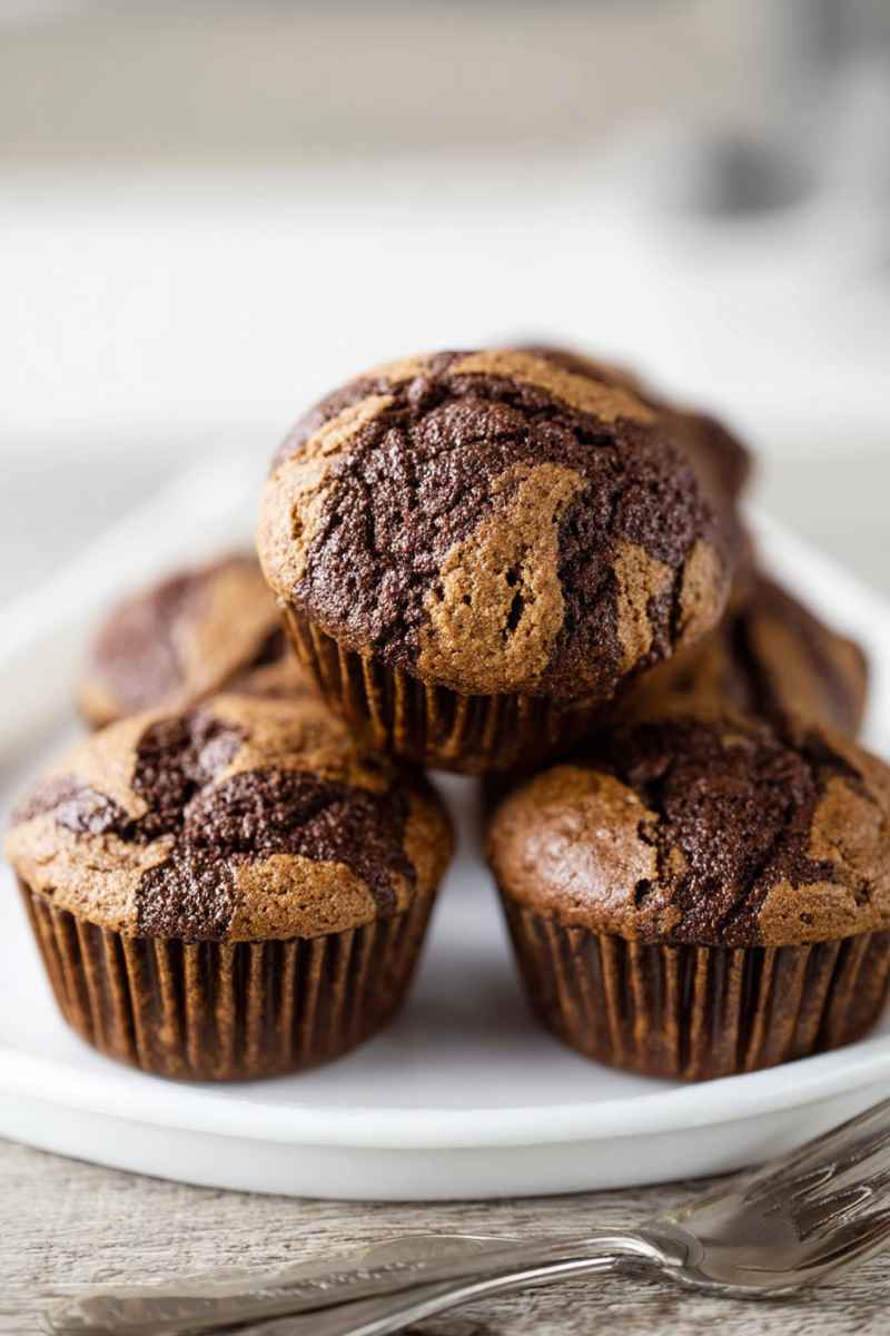 Stacked chocolate muffins with peanut butter swirls on a white plate.