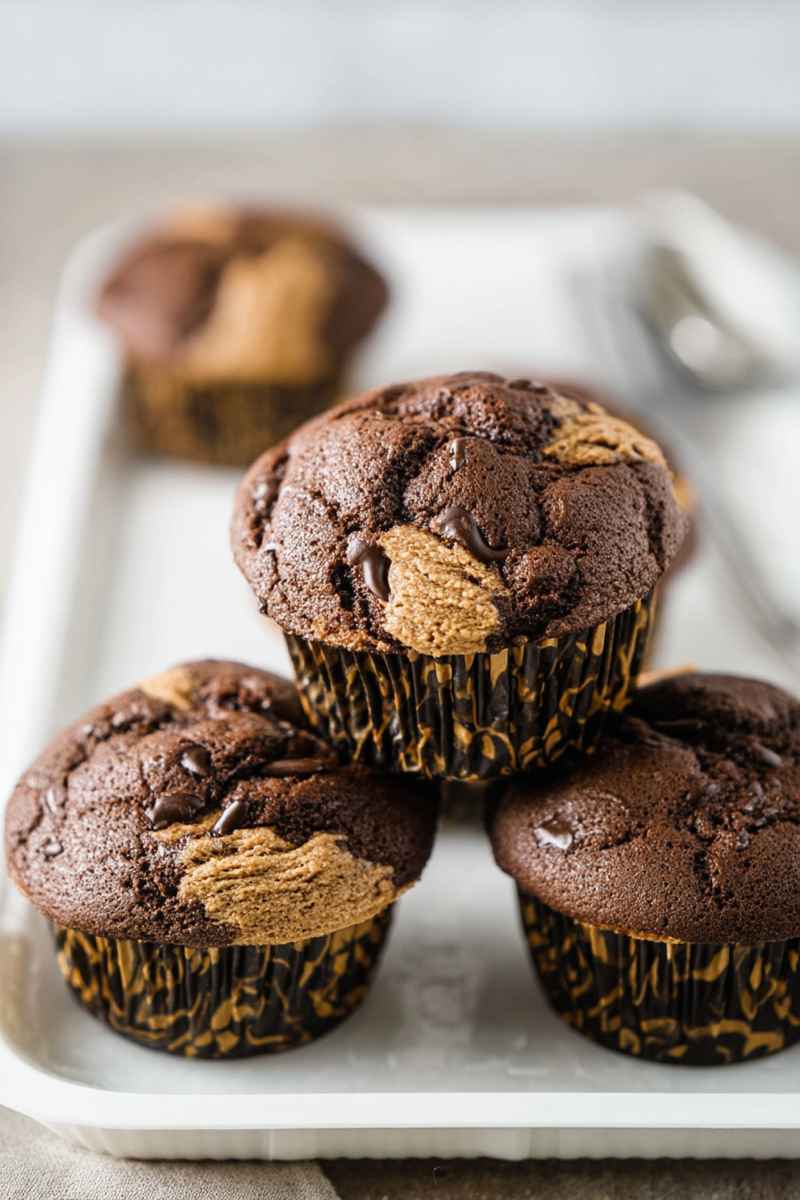 Close-up of chocolate muffins with peanut butter swirls on a white tray.