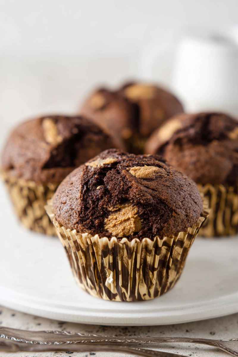 Golden-brown chocolate muffins with peanut butter swirls on a white plate.