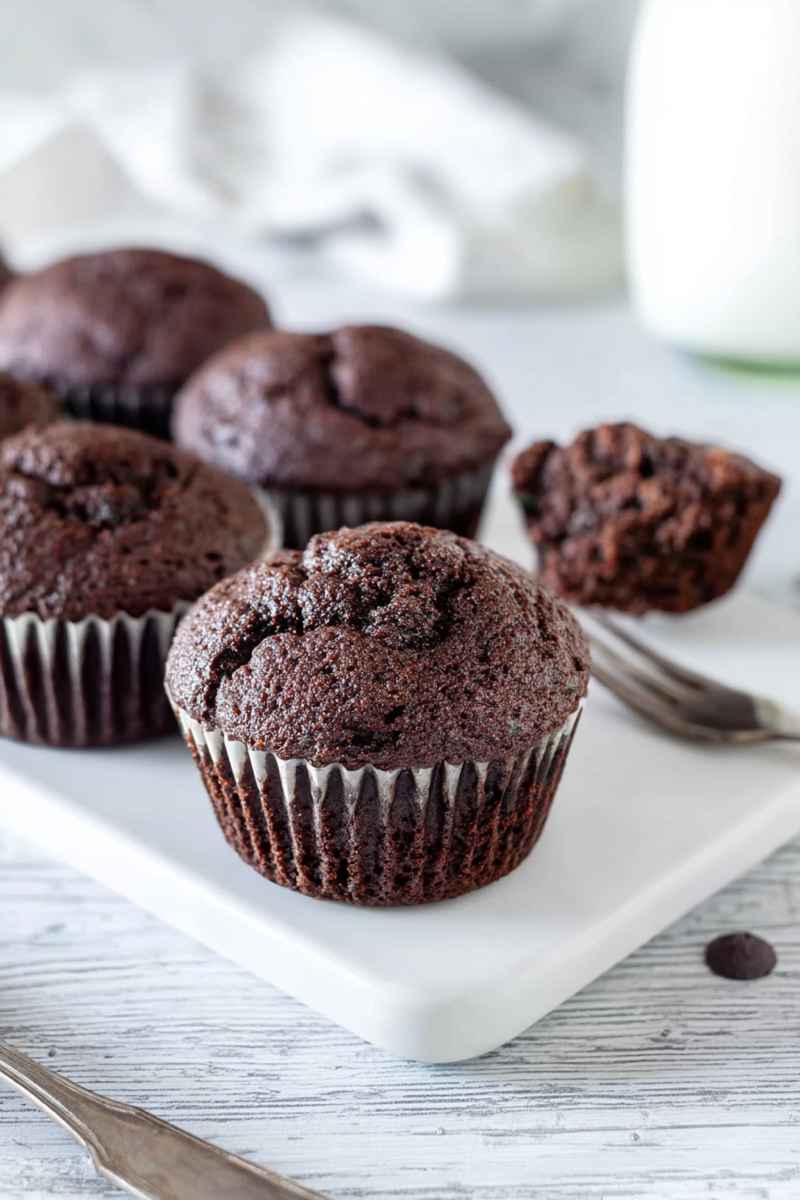 Dark, moist chocolate zucchini muffins on a white plate, showcasing their dense texture and chocolate chips.