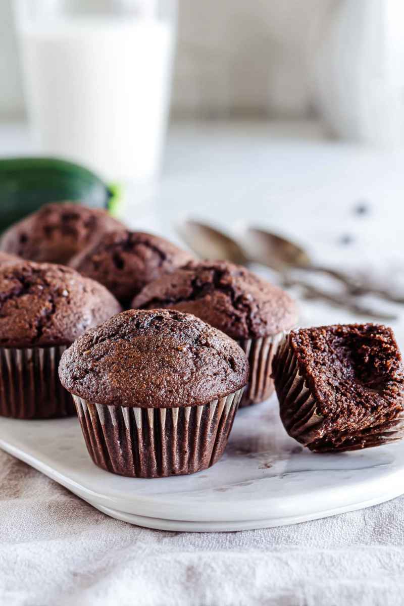 Delicious chocolate zucchini muffins arranged on a white plate, highlighting their rich color and texture.