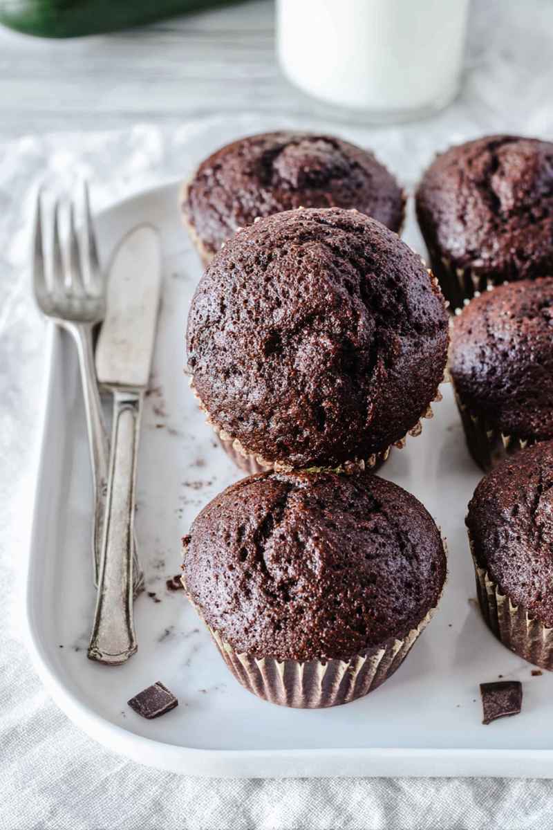 Charming arrangement of chocolate zucchini muffins on a white plate, ready to be enjoyed.