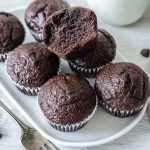 Close-up of chocolate zucchini muffins on a white plate, showcasing their dense, chocolatey interior.