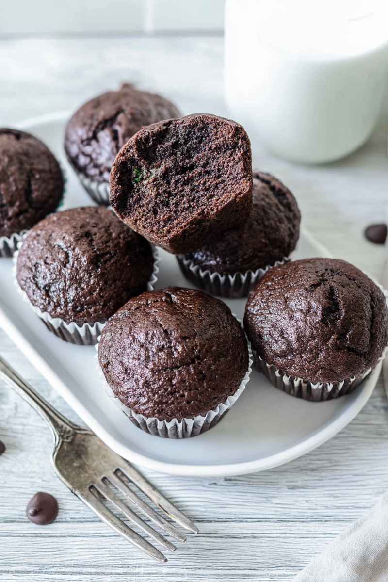 Close-up of chocolate zucchini muffins on a white plate, showcasing their dense, chocolatey interior.