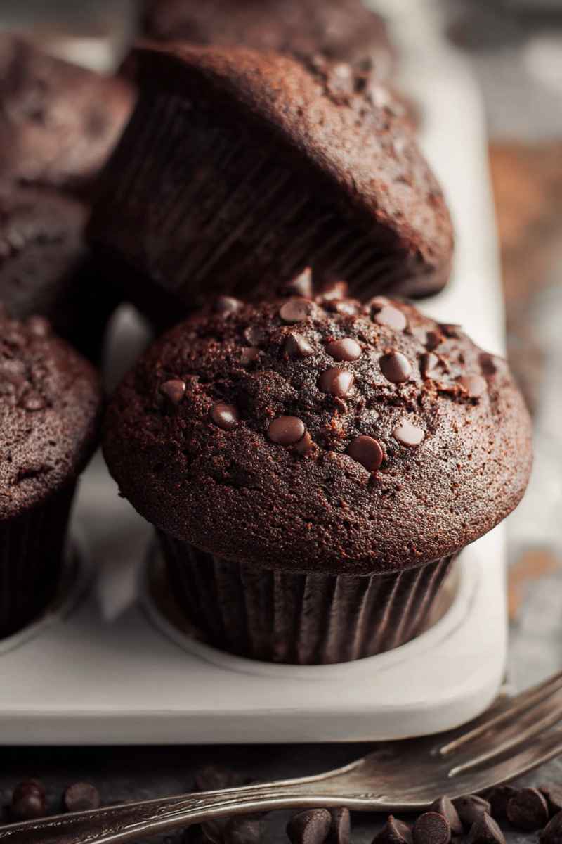 Moist and indulgent double chocolate muffins topped with mini chocolate chips, ready to be enjoyed.