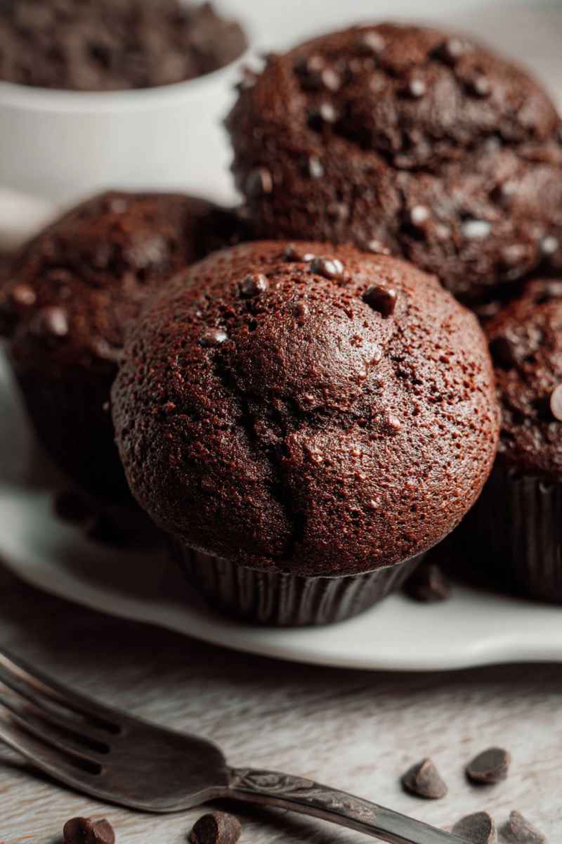 Stacked double chocolate muffins with mini chocolate chips on top, served on a white plate.