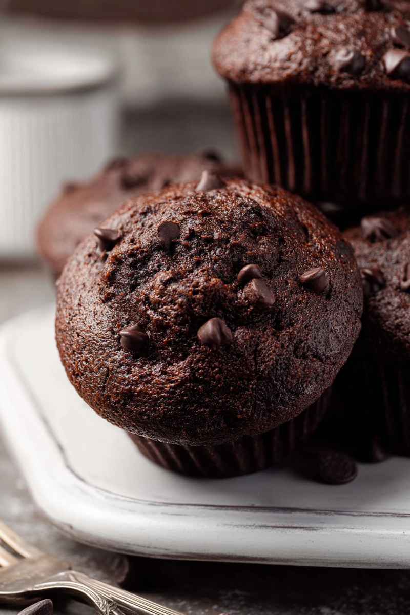 Close-up of moist double chocolate muffins with scattered chocolate chips around them.