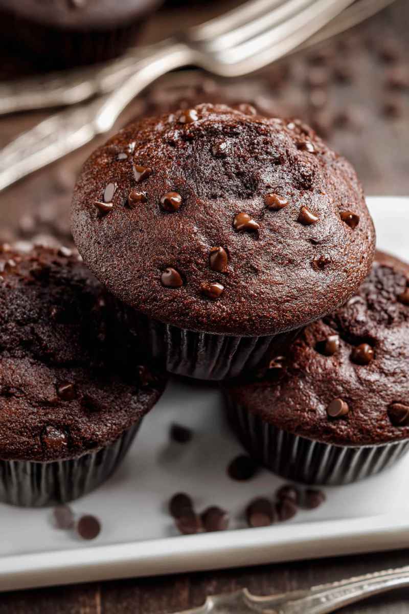 Dark, fudgy double chocolate muffins stacked on a plate, surrounded by scattered chocolate chips.