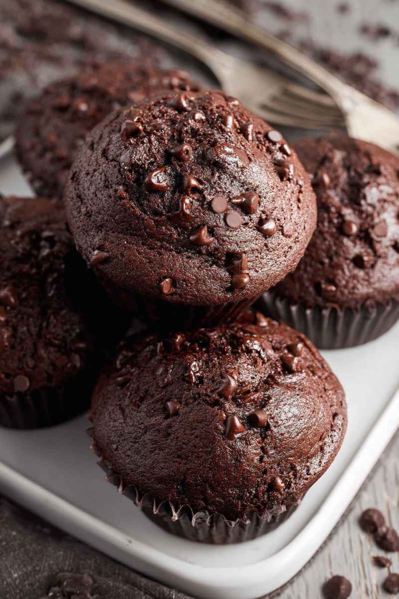 Close-up of freshly baked double chocolate muffins, showcasing their moist texture and chocolate chip topping.