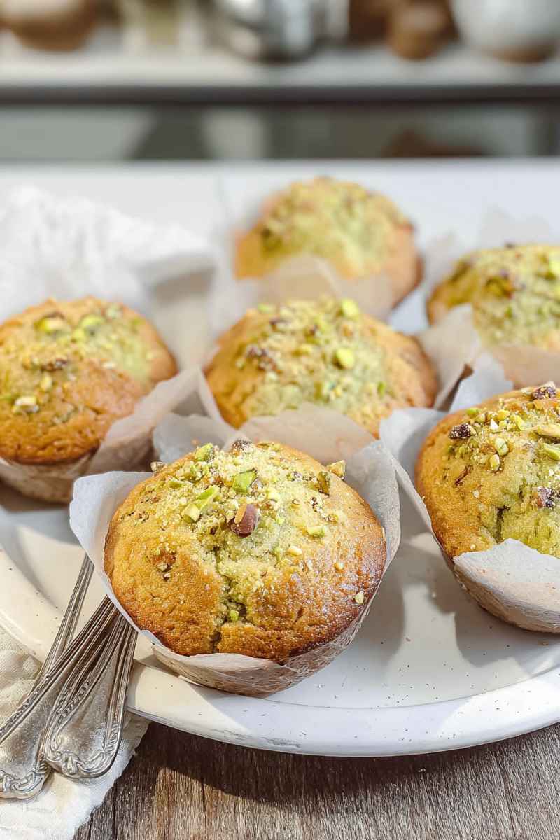 Golden pistachio muffins dusted with powdered sugar and garnished with chopped pistachios, displayed on a white plate.