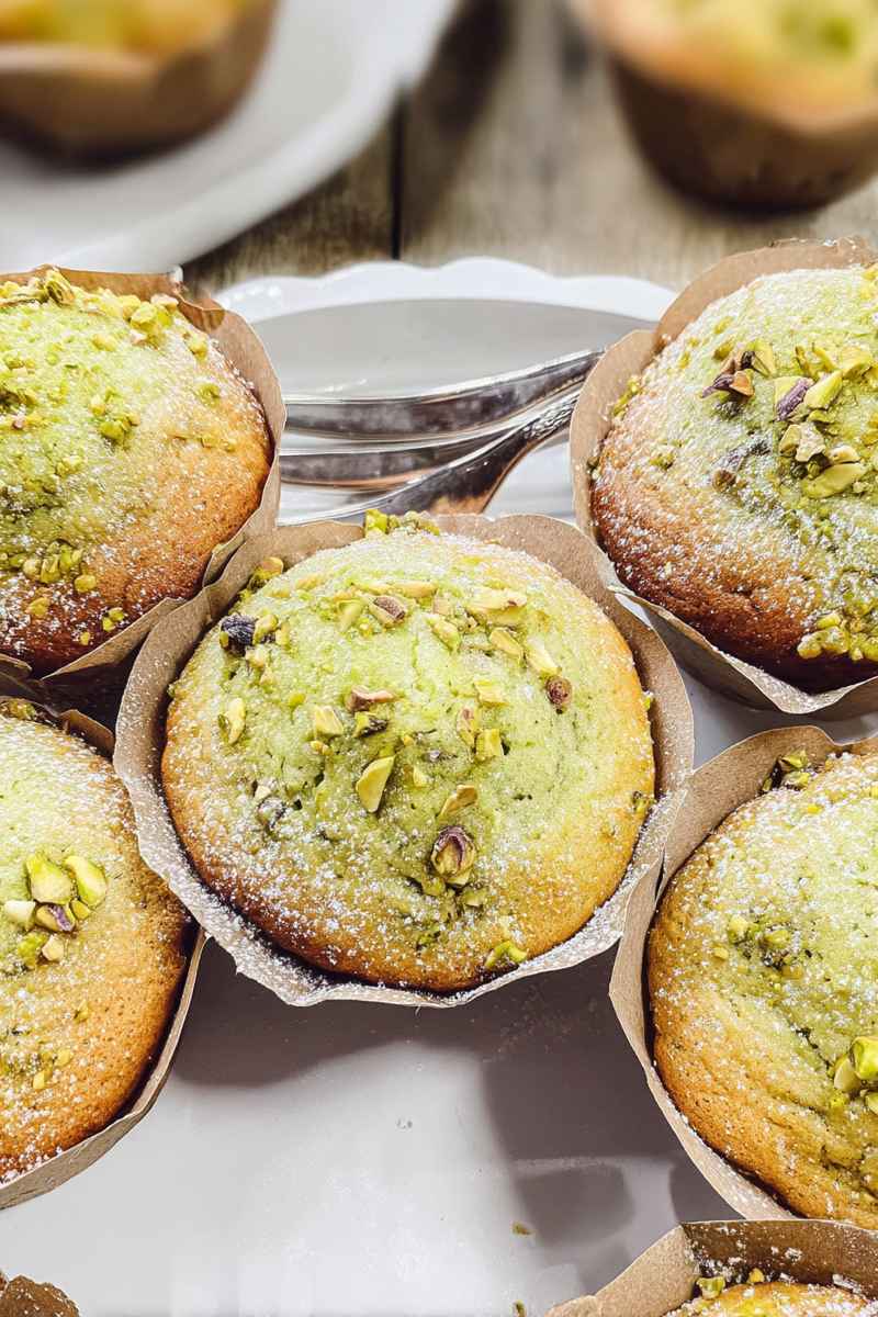 Golden-brown pistachio muffins topped with sugar and chopped pistachios, arranged on a white plate.