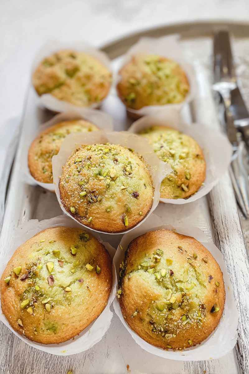Six golden pistachio muffins dusted with powdered sugar and sprinkled with chopped pistachios, displayed in a white tray.
