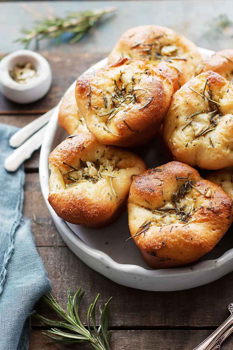 A plate of golden-brown Garlic Rosemary Focaccia Muffins topped with fresh rosemary sprigs, showcasing their crispy crust and inviting texture.