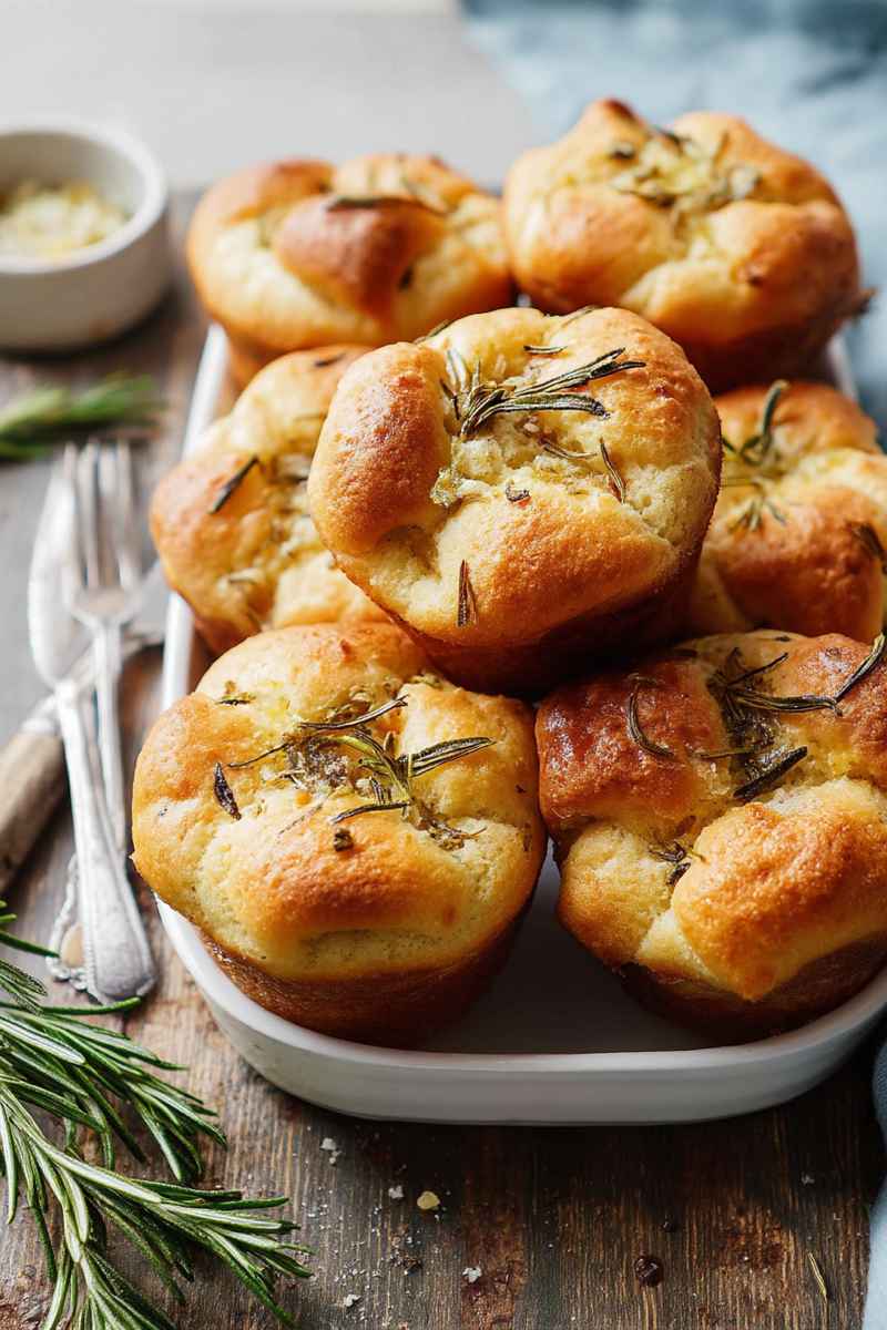 A close-up of freshly baked Garlic Rosemary Focaccia Muffins, highlighting their golden crust and aromatic rosemary toppings.