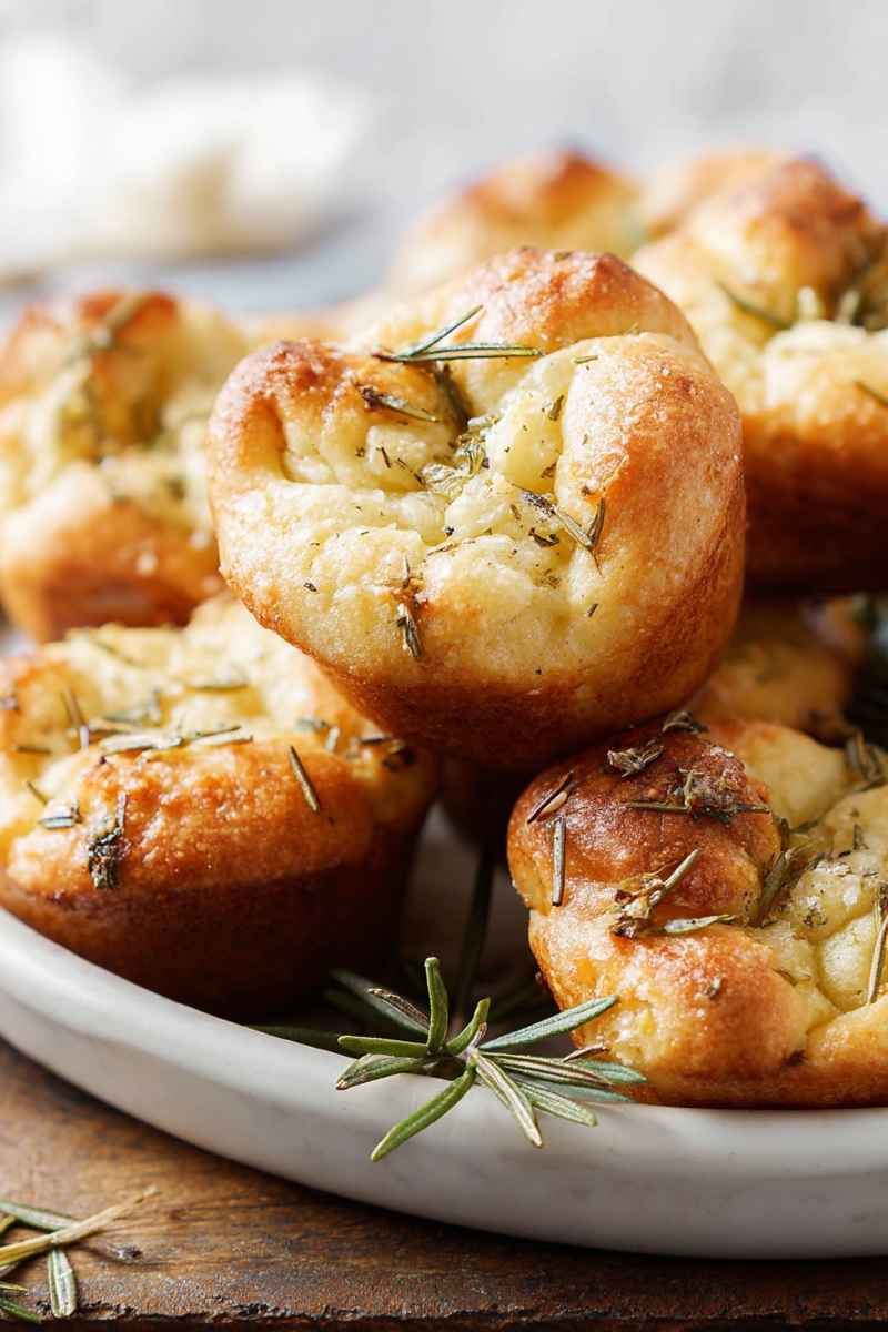 A plate piled high with Garlic Rosemary Focaccia Muffins, garnished with fresh rosemary, showcasing their rustic charm and appetizing appearance.