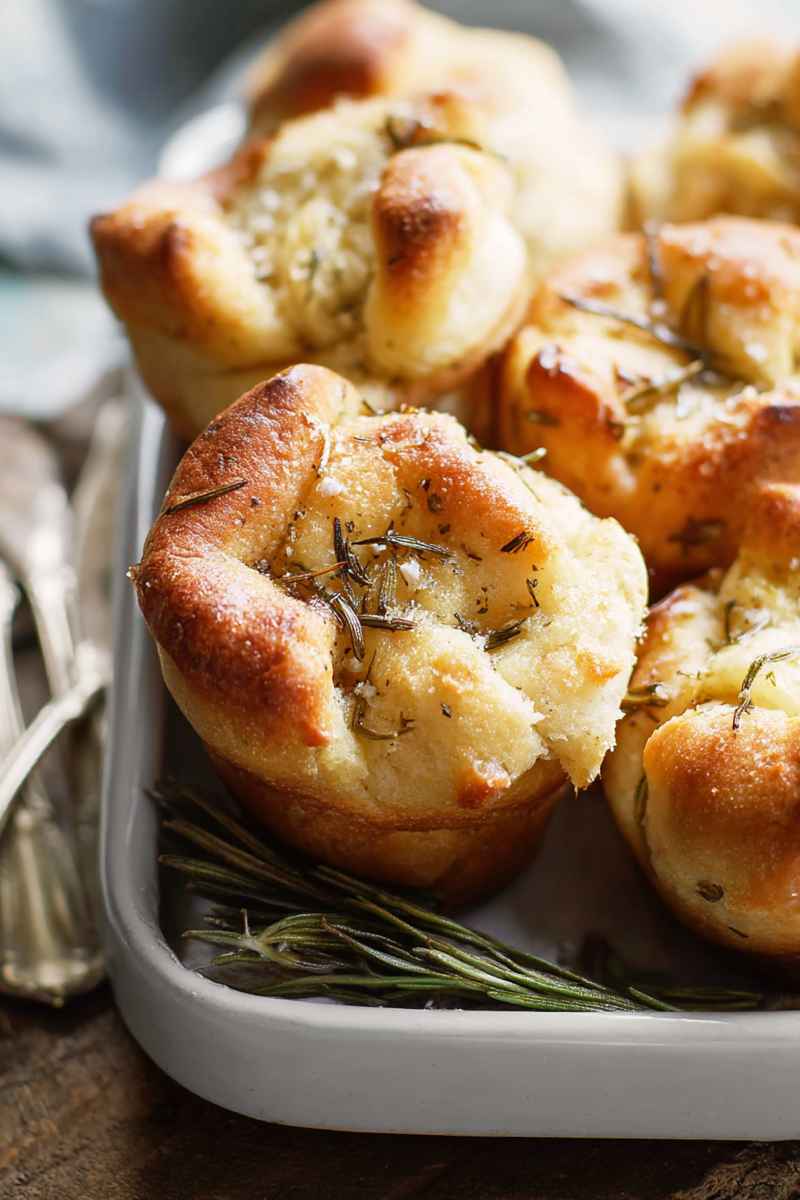 Close-up of Garlic Rosemary Focaccia Muffins with visible herb toppings and a golden, crispy crust, set against a rustic wooden background.