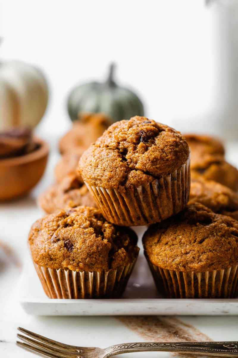 Stacked pumpkin muffins with chocolate chips on a white plate, surrounded by festive pumpkins.