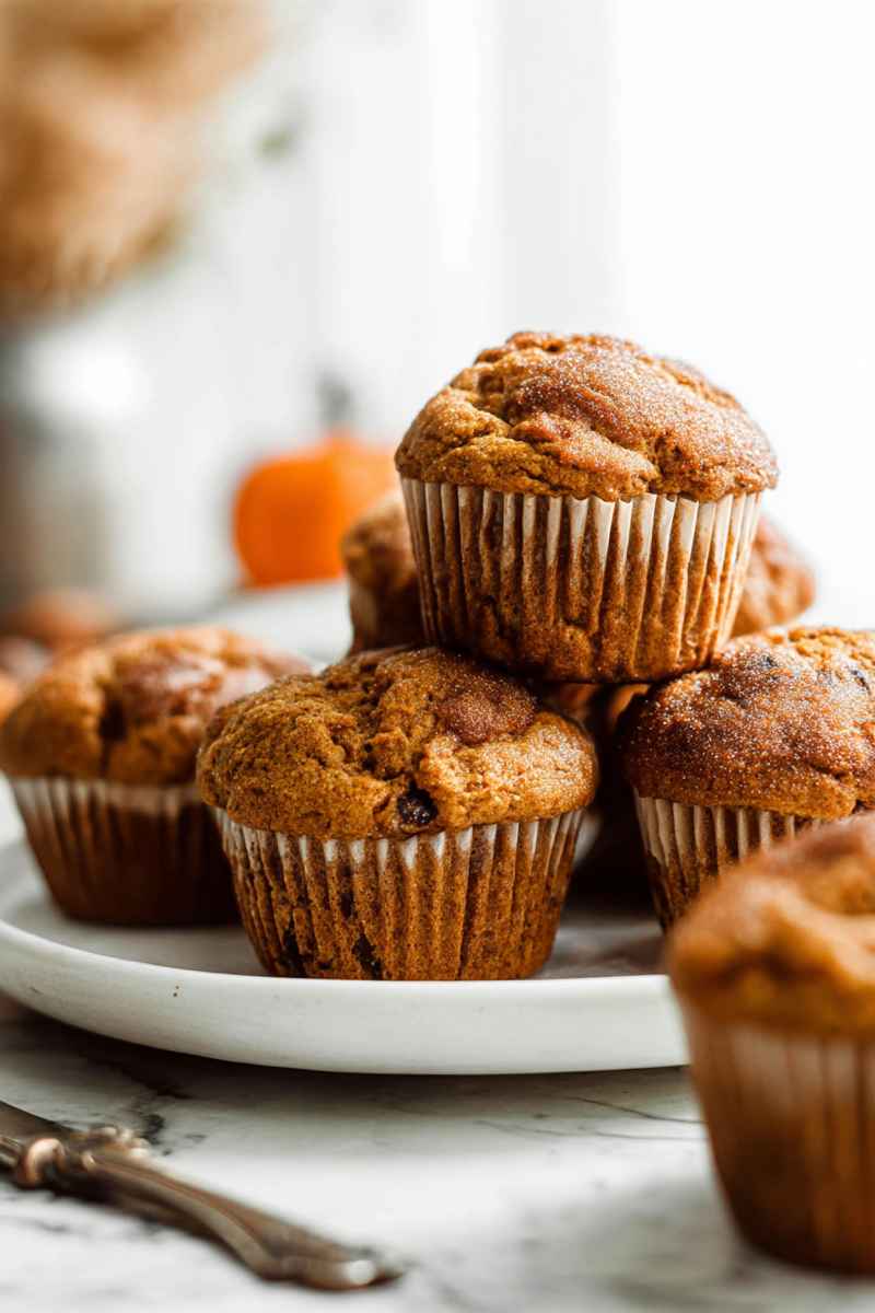 Golden-brown pumpkin muffins stacked on a plate, showcasing their rich texture and warm spices.